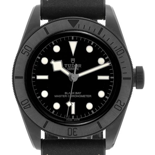The image shows a front view of the Tudor Heritage Black Bay watch, highlighting the dial, bezel, and crown.